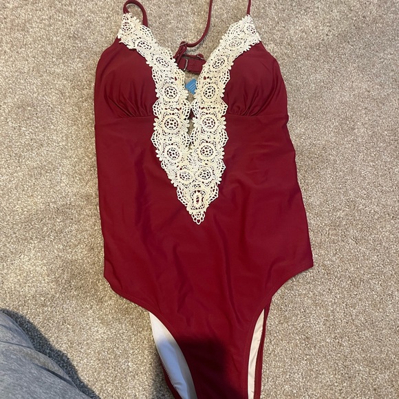 Cupshe Other - Cupshe Red and Cream Lace One Piece Swimsuit